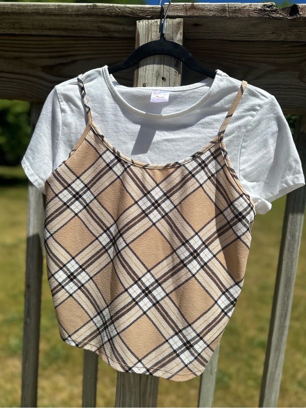 No Boundaries Beige Plaid Cami Over White Tee